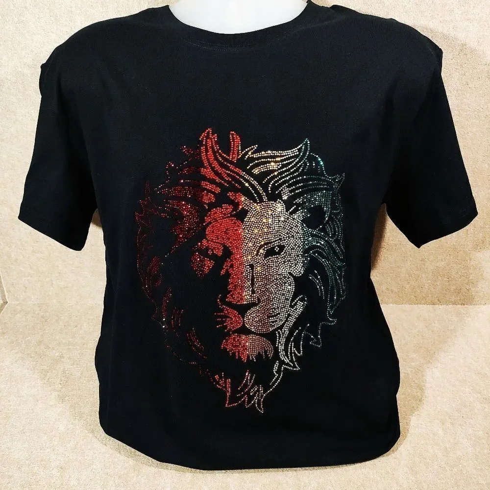 Leo Lion Bling Rhinestone Short Sleeve T-shirt -B - Picture 1 of 8